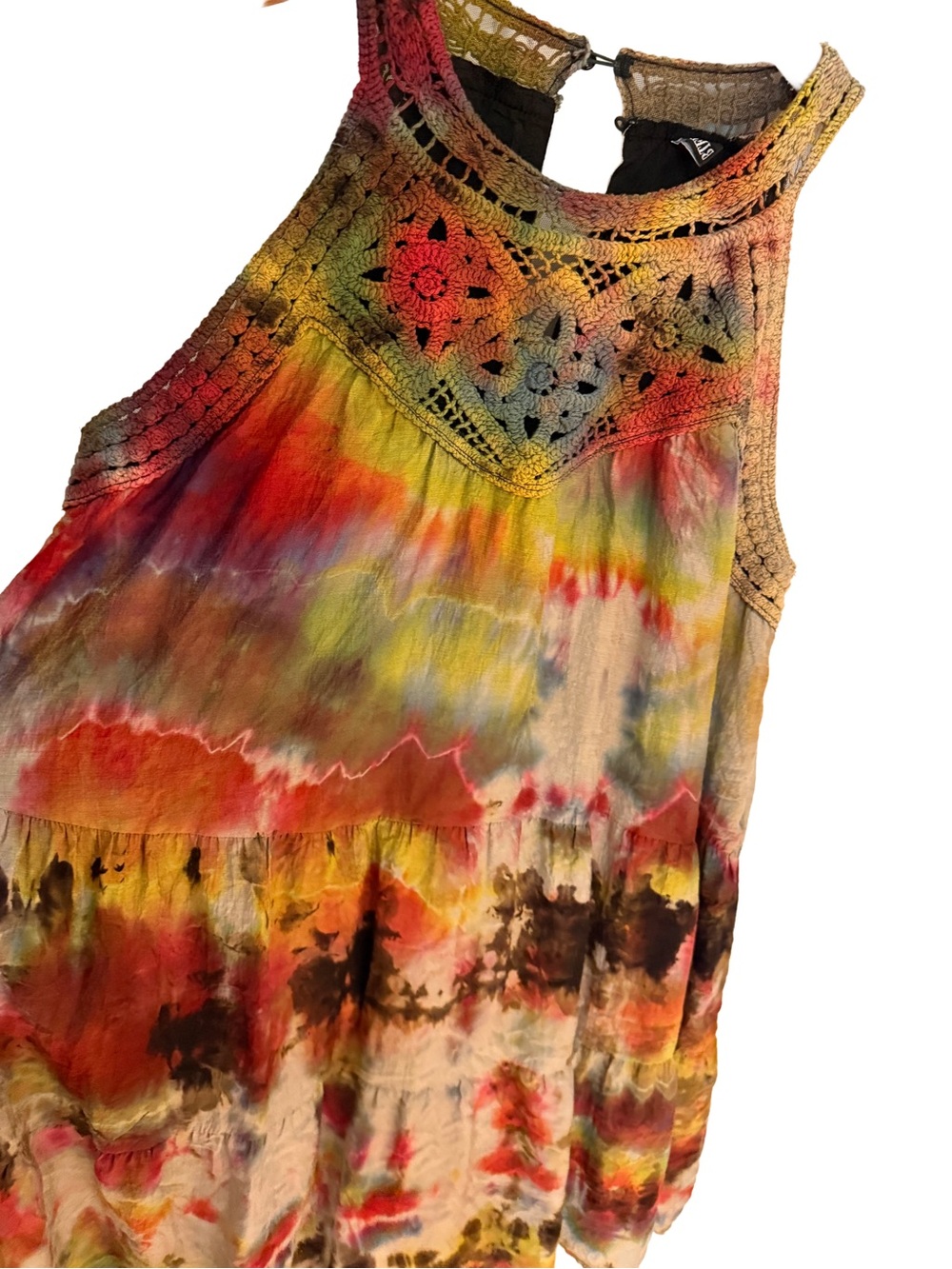 Custom Hand Tie Dyed Boho Crochet Halter Mini Dress L - Picture 2 of 11
